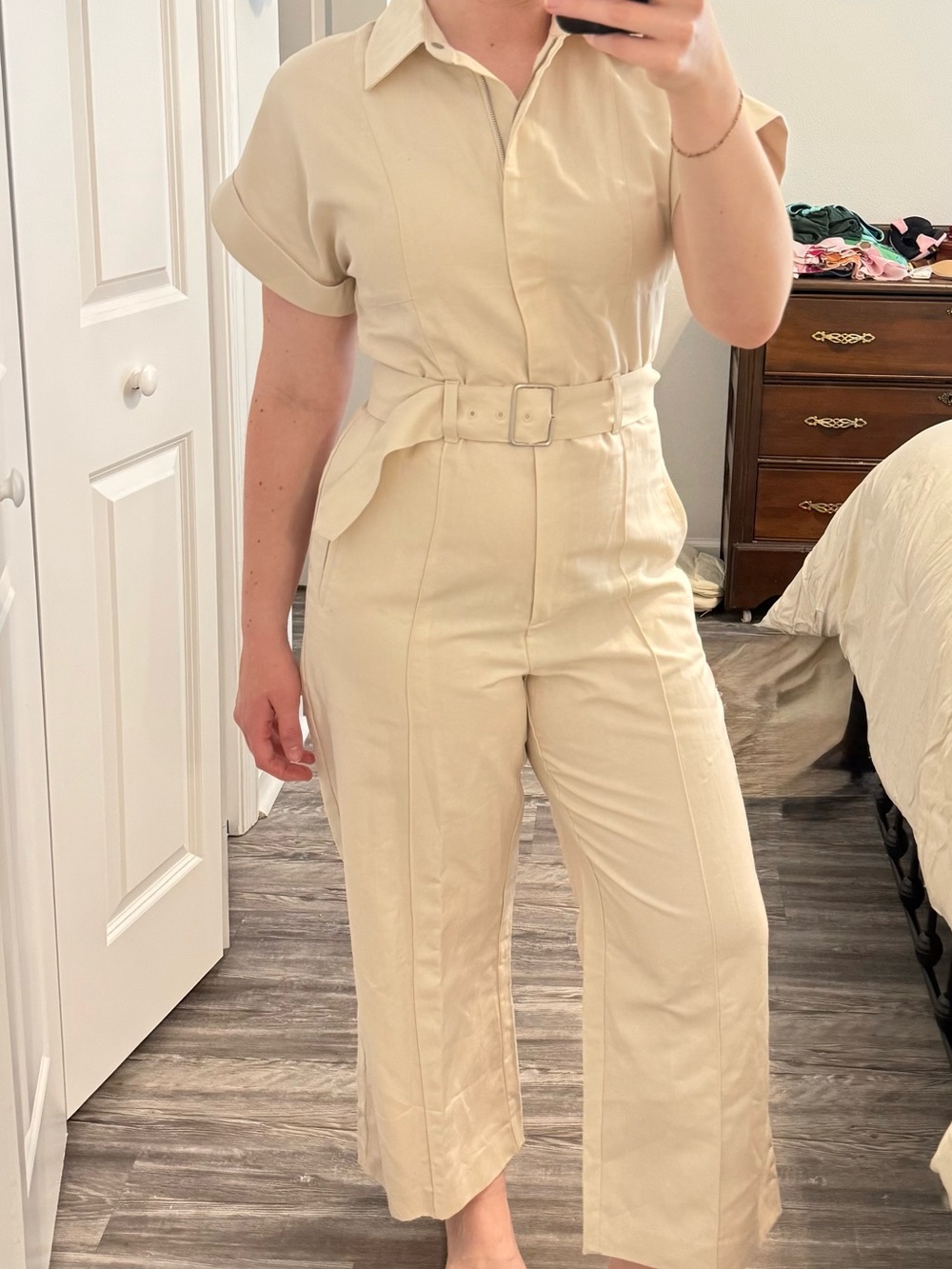 Banana Republic Linen Cream Short-Sleeve Utility Jumpsuit with Belt